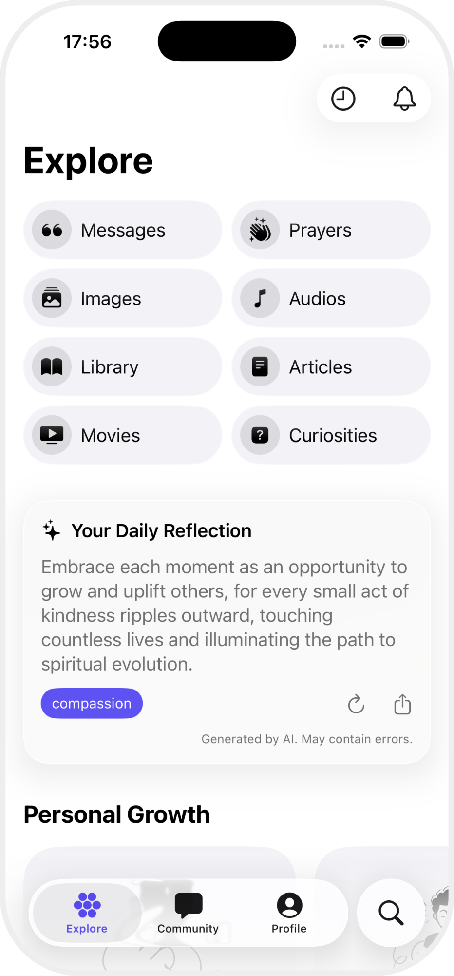 eu.Espírita Explore screen with messages, prayers, library, audio and reflections