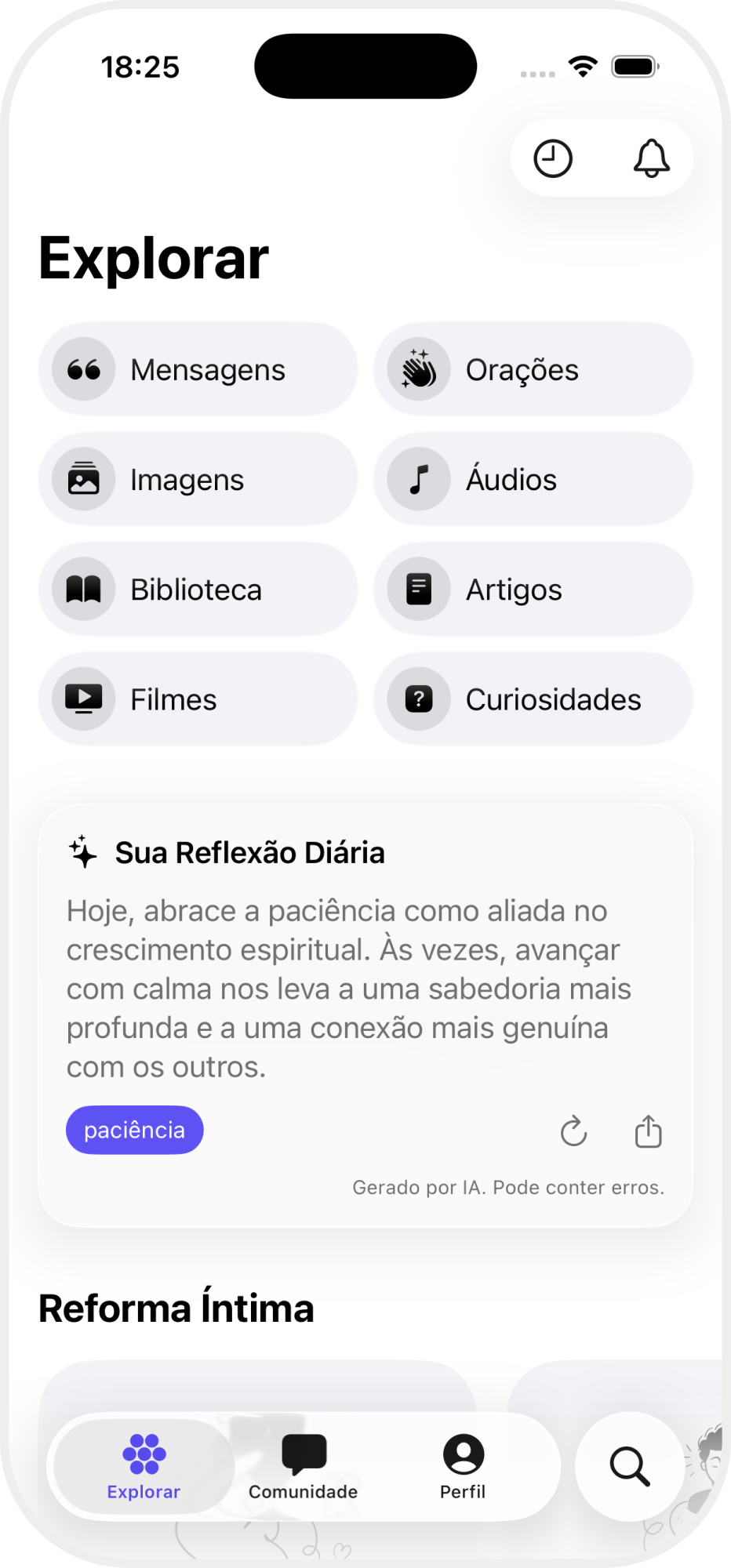 Tela Explorar do eu.Espírita com mensagens, orações, biblioteca, áudios e reflexões