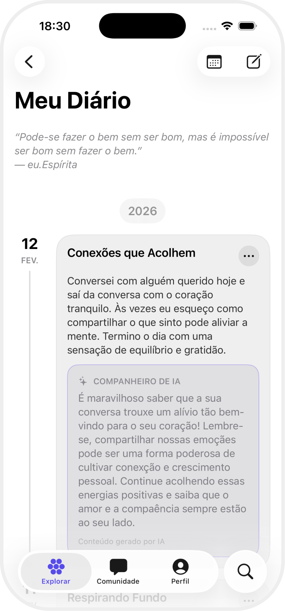 Tela Meu Diário do eu.Espírita com uma reflexão pessoal